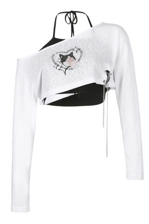 Asymmetrical Shoulder Cat Print T-Shirt and Black Halter Neck Tank Top Layered Two-Piece Set for Women - Trendy Y2K Style