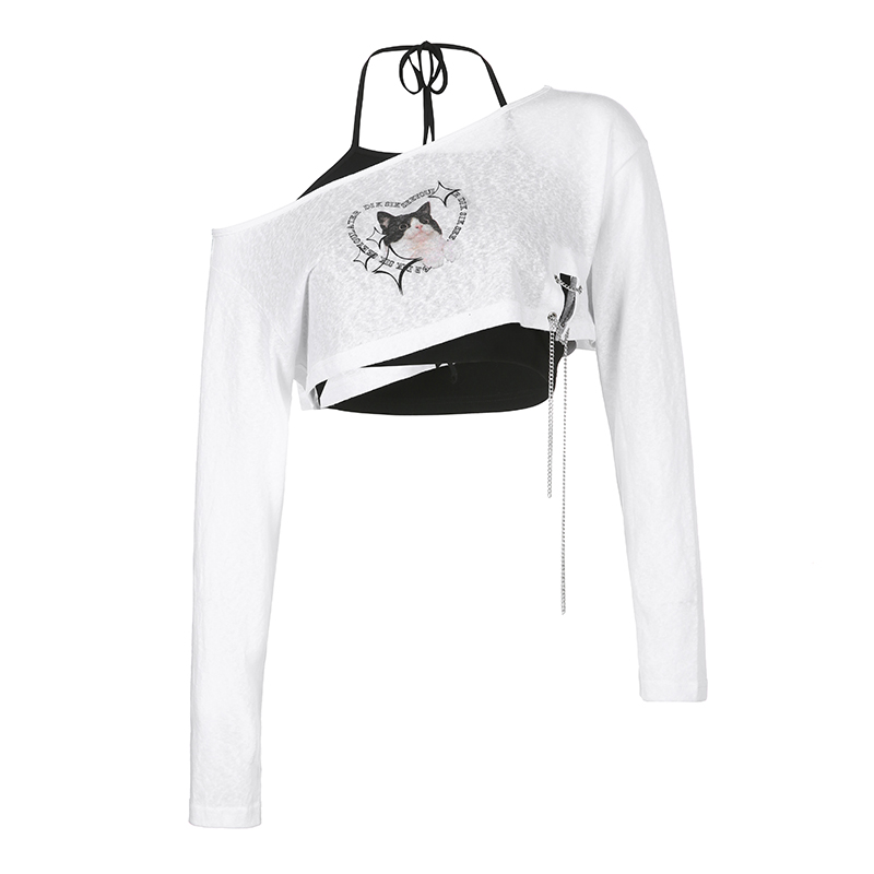 Asymmetrical Shoulder Cat Print T-Shirt and Black Halter Neck Tank Top Layered Two-Piece Set for Women - Trendy Y2K Style Asymmetrical Shoulder Cat Print T-Shirt and Black Halter Neck Tank Top Layered Two-Piece Set for Women - Trendy Y2K Style