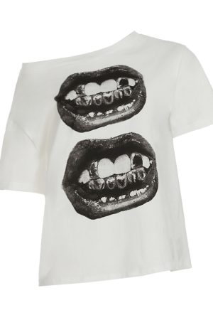 Asymmetrical Shoulder Short Sleeve T-Shirt for Women - Street Hip-Hop Mouth Print Casual Loose Dance Top