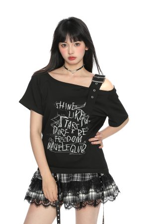 Asymmetrical Shoulder Strap Short Sleeve T-Shirt for Women - American Letter Graffiti Summer Slimming Top - Trendy Irregular Style
