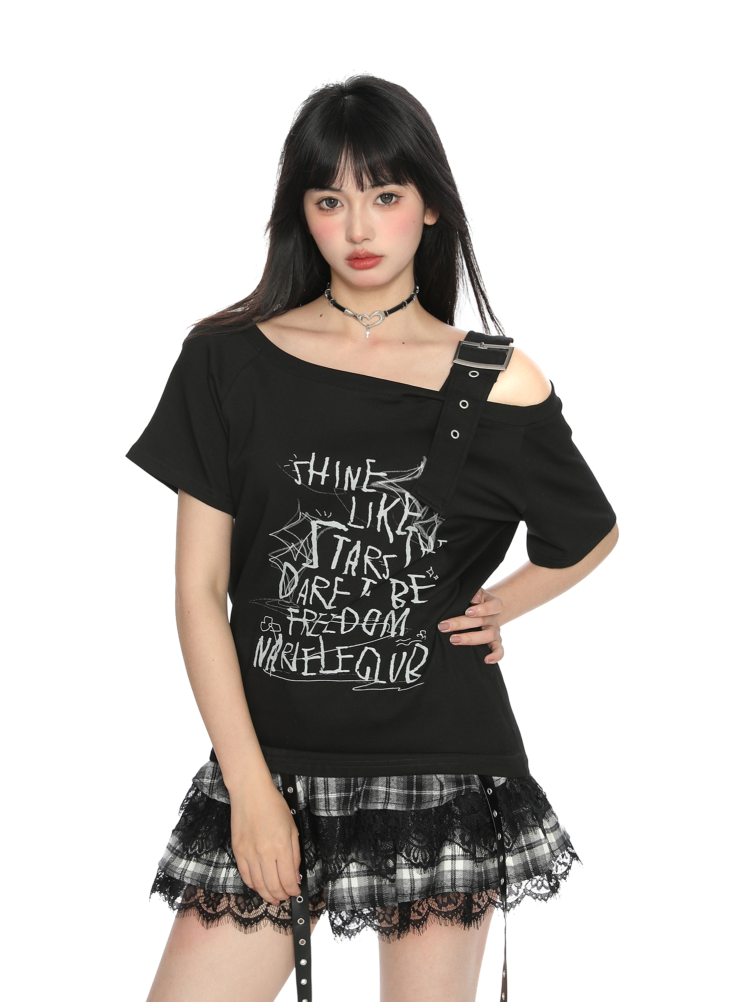 Asymmetrical Shoulder Strap Short Sleeve T-Shirt for Women - American Letter Graffiti Summer Slimming Top - Trendy Irregular Style Asymmetrical Shoulder Strap Short Sleeve T-Shirt for Women - American Letter Graffiti Summer Slimming Top - Trendy Irregular Style