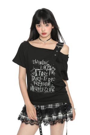 Asymmetrical Shoulder Strap Short Sleeve T-Shirt for Women - American Letter Graffiti Summer Slimming Top - Trendy Irregular Style