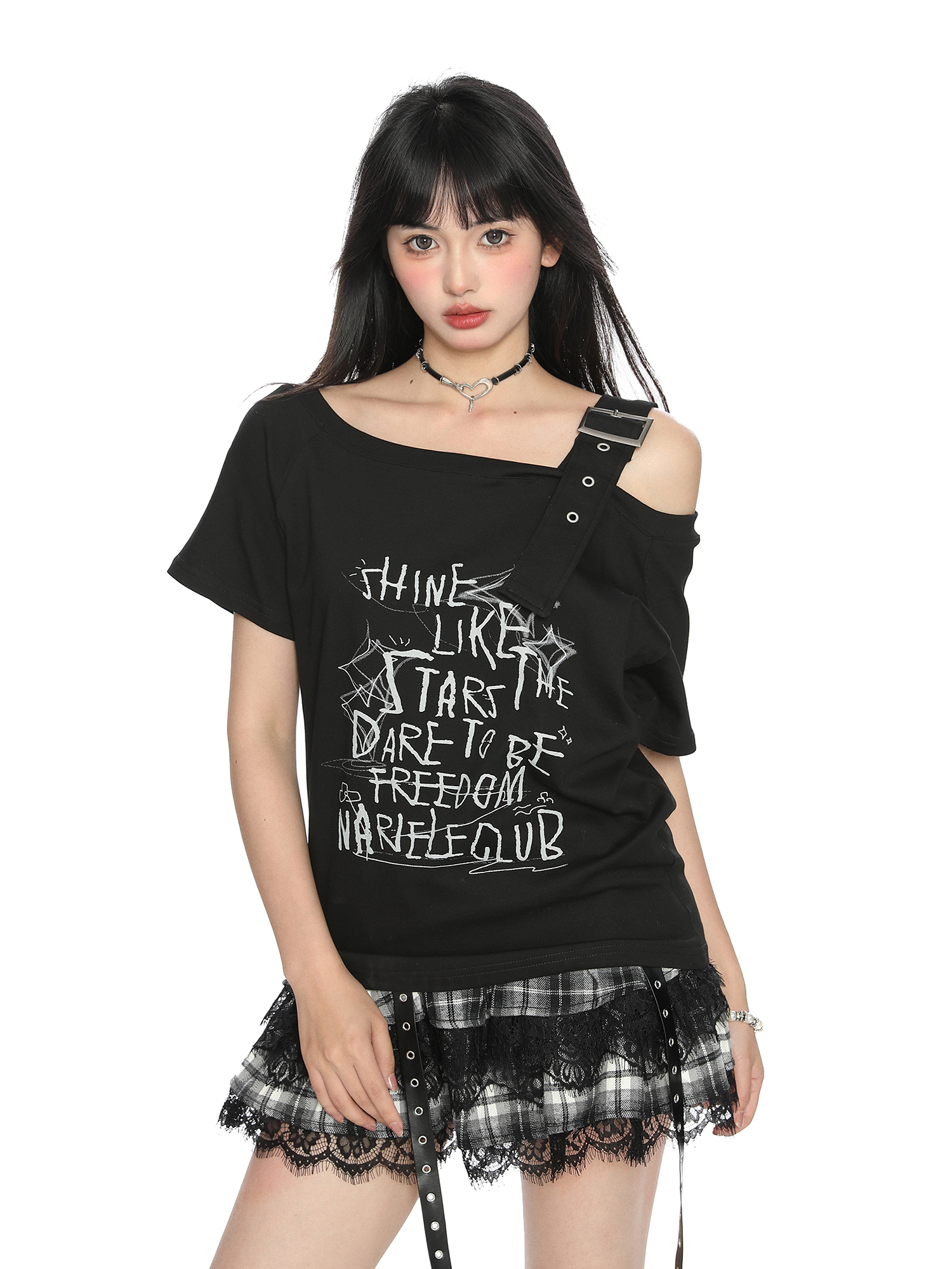 Asymmetrical Shoulder Strap Short Sleeve T-Shirt for Women - American Letter Graffiti Summer Slimming Top - Trendy Irregular Style Asymmetrical Shoulder Strap Short Sleeve T-Shirt for Women - American Letter Graffiti Summer Slimming Top - Trendy Irregular Style