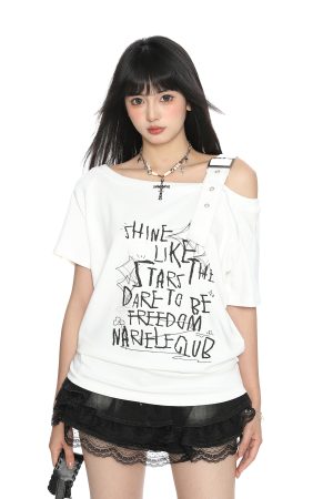 Asymmetrical Shoulder Strap Short Sleeve T-Shirt for Women - American Letter Graffiti Summer Slimming Top - Trendy Irregular Style