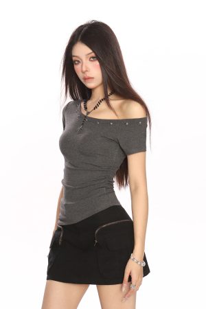 Asymmetrical Shoulder Studded Short Sleeve T-Shirt for Women - Slim Fit Irregular Off-Shoulder Top - Trendy Summer Style