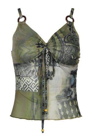 Asymmetrical Vintage Print Tie-Waist Ruched Mesh Camisole for Women - Slim Fit, Midriff-Baring, Versatile Y2K Style Top