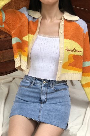 Autumn Vintage Cute Girl Oil Sunset Color Block Lapel Long Sleeve Knitted Cardigan Short Jacket for Y2K and 90s Style