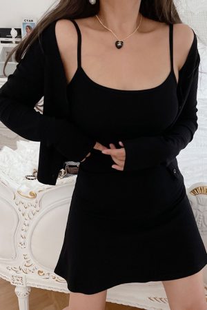 Autumn Winter American Retro Bodycon A-Line Camisole Dress and Cardigan Two-Piece Set - Sexy Chenopod DIY Style