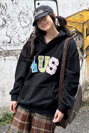 Autumn Winter Patchwork Embroidered Plaid Floral Couple Loose Hoodie Unisex Y2K Style Fashion