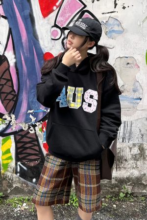 Autumn Winter Patchwork Embroidered Plaid Floral Couple Loose Hoodie Unisex Y2K Style Fashion