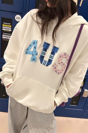 Autumn Winter Patchwork Embroidered Plaid Floral Couple Loose Hoodie Unisex Y2K Style Fashion