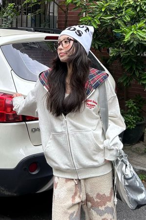 Autumn Winter Plaid Splicing Slogan Letter Couple Zipper Hoodie Cardigan Jacket - Casual Streetwear, Y2K Fashion Style