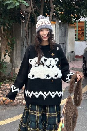 Autumn Winter Plush Jacquard Knitted Sweater for Couples - Versatile National Trend Dog Design, Cozy Fashion Essential