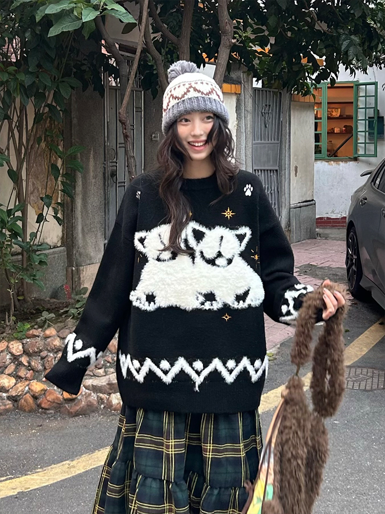 Autumn Winter Plush Jacquard Knitted Sweater for Couples - Versatile National Trend Dog Design, Cozy Fashion Essential Autumn Winter Plush Jacquard Knitted Sweater for Couples - Versatile National Trend Dog Design, Cozy Fashion Essential