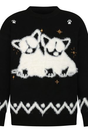 Autumn Winter Plush Jacquard Knitted Sweater for Couples - Versatile National Trend Dog Design, Cozy Fashion Essential