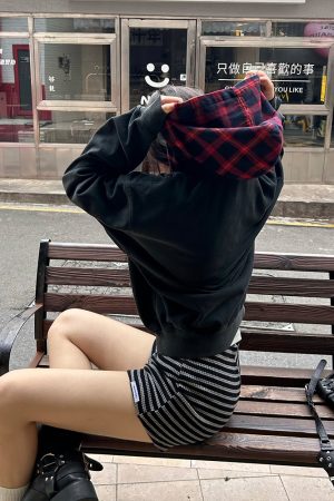 Autumn Winter Red Plaid Fake Two-Piece Zipper Hoodie - Slogan Embroidered Loose Fit Couple's Style