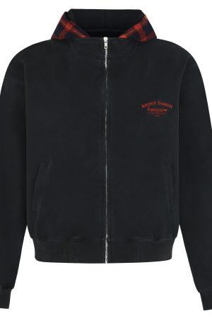 Autumn Winter Red Plaid Fake Two-Piece Zipper Hoodie - Slogan Embroidered Loose Fit Couple's Style