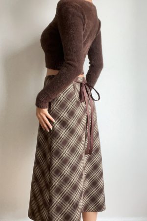 Autumn Winter Retro Plaid High Waist Brown Checkered Midi Skirt with Bow Tie - Cute Long Skirt for Y2K and Vintage Style