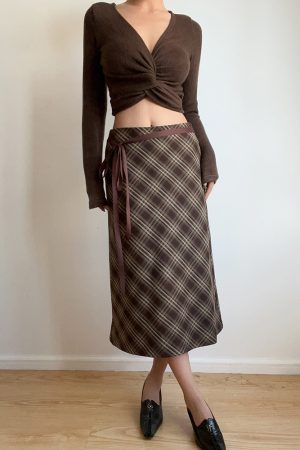 Autumn Winter Retro Plaid High Waist Brown Checkered Midi Skirt with Bow Tie - Cute Long Skirt for Y2K and Vintage Style