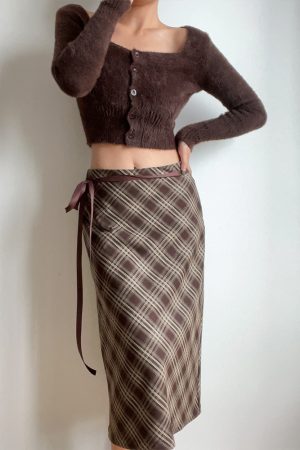 Autumn Winter Retro Plaid High Waist Brown Checkered Midi Skirt with Bow Tie - Cute Long Skirt for Y2K and Vintage Style