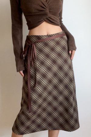 Autumn Winter Retro Plaid High Waist Brown Checkered Midi Skirt with Bow Tie - Cute Long Skirt for Y2K and Vintage Style