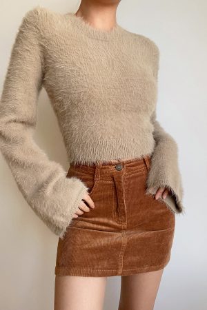 Autumn Winter Retro Round Neck Fluffy Knit Top with Short Flare Sleeves - Solid Color High Waist Pullover for Cozy Style