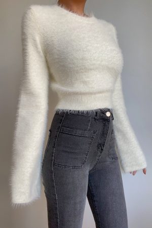 Autumn Winter Retro Round Neck Fluffy Knit Top with Short Flare Sleeves - Solid Color High Waist Pullover for Cozy Style