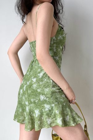 Backless Butterfly Print Spaghetti Strap Dress with Ruffle Hem - Women's A-line Short Skirt in European American Style