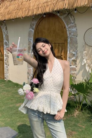 Backless Polka Dot Halter Top for Women - Elegant Slim Fit Sleeveless Summer Shirt