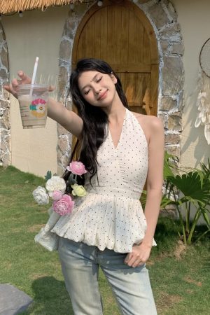 Backless Polka Dot Halter Top for Women - Elegant Slim Fit Sleeveless Summer Shirt