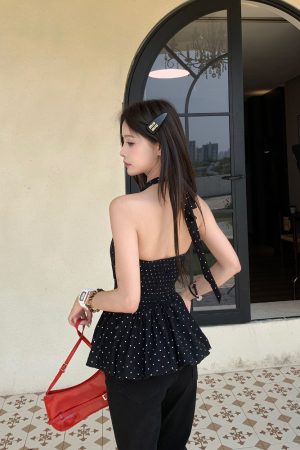 Backless Polka Dot Halter Top for Women - Elegant Slim Fit Sleeveless Summer Shirt