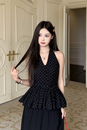 Backless Polka Dot Halter Top for Women - Elegant Slim Fit Sleeveless Summer Shirt