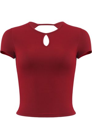Backless Short Sleeve T-Shirt for Women, Slim Fit Round Neck Top with Chest Pad, French Style Sexy 90s Look