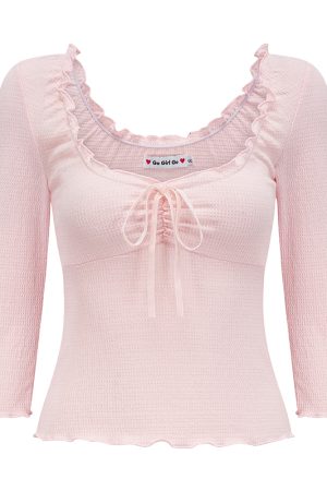 Ballet Style Bow Low Neck Waffle T-shirt for Women, Slim Fit Three-Quarter Sleeve, Y2K Inspired Fashion Top