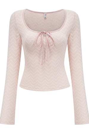 Ballet Style Bow U-Neck Long Sleeve T-Shirt for Women - Slim Fit Short Top, Perfect for Y2K and Casual Chic Looks