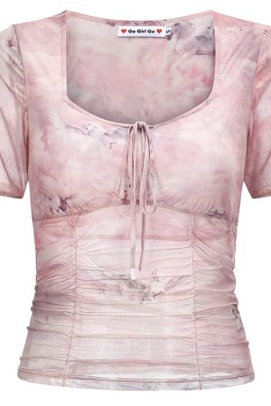 Ballet Style Dreamy Printed Mesh Sheer Bow Pleated Short Sleeve T-shirt for Women - Y2K Fashion Essentials