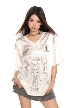 Ballet Style Satin Butterfly Lace Spliced Short Sleeve T-Shirt for Women - Summer Sweet Spicy Slim Fit Jersey, Y2K Fashion