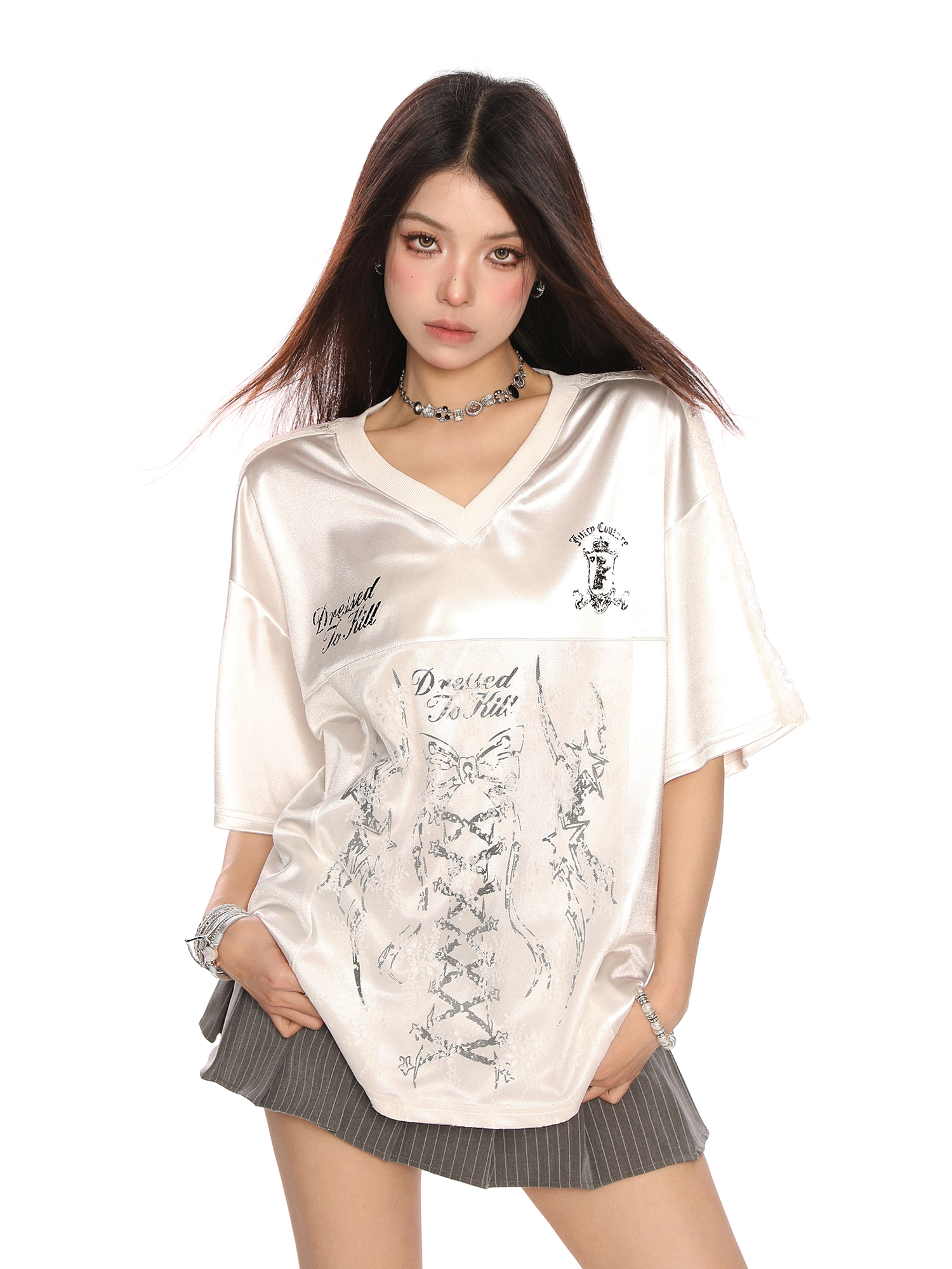 Ballet Style Satin Butterfly Lace Spliced Short Sleeve T-Shirt for Women - Summer Sweet Spicy Slim Fit Jersey, Y2K Fashion Ballet Style Satin Butterfly Lace Spliced Short Sleeve T-Shirt for Women - Summer Sweet Spicy Slim Fit Jersey, Y2K Fashion