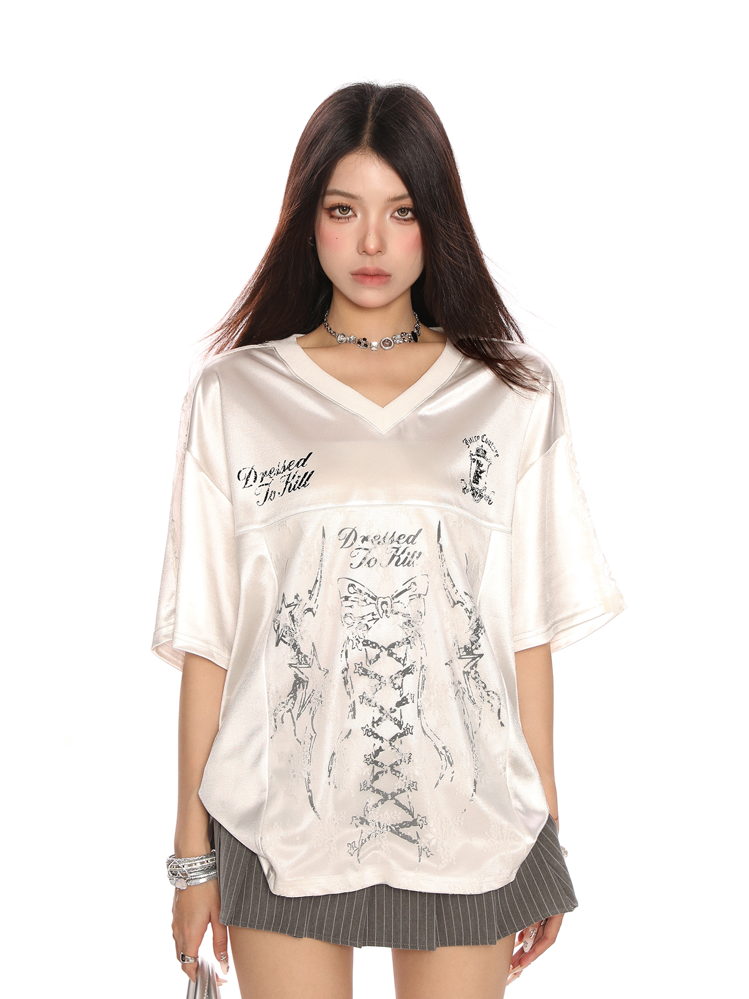 Ballet Style Satin Butterfly Lace Spliced Short Sleeve T-Shirt for Women - Summer Sweet Spicy Slim Fit Jersey, Y2K Fashion Ballet Style Satin Butterfly Lace Spliced Short Sleeve T-Shirt for Women - Summer Sweet Spicy Slim Fit Jersey, Y2K Fashion