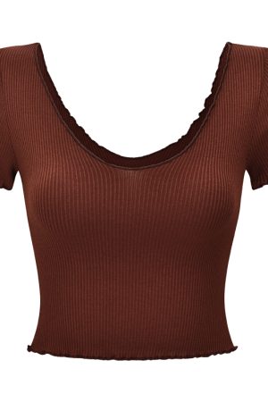 Basic Ruffle Edge V-Neck Short Sleeve Crop Top for Women - Casual 90s Inspired High Waist Tee