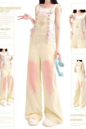 Beige Denim Overalls for Women - Trendy Loose Wide-Leg Jumpsuit, Autumn Winter Fashion, Casual 90s Style Fufu Design