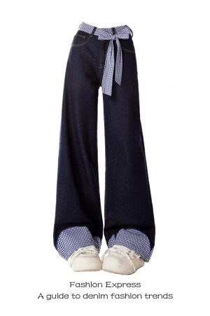 Belted Plaid Patchwork Bow Tie Denim Pants for Women - High-Waisted Loose-Fitting Wide-Leg Trousers, Spring Fashion 2023
