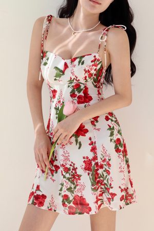 Big Red Floral Print Tie Strap Dress - Casual Vacation Style, European American Fashion, Short Skirt, Summer 2023 Trend