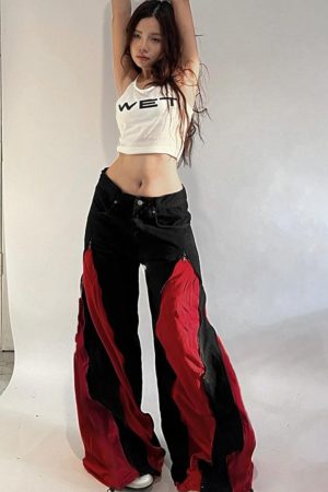 Black and Red Color Block Casual Pants for Women - Low Waist Loose Fit Hip Hop Dance Trousers - Versatile Streetwear Style