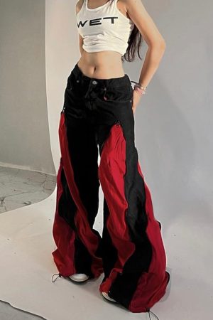 Black and Red Color Block Casual Pants for Women - Low Waist Loose Fit Hip Hop Dance Trousers - Versatile Streetwear Style