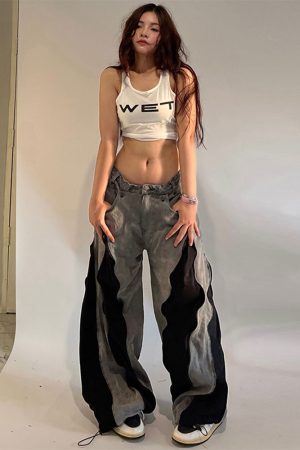 Black and Red Color Block Casual Pants for Women - Low Waist Loose Fit Hip Hop Dance Trousers - Versatile Streetwear Style