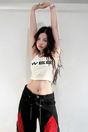 Black and Red Color Block Casual Pants for Women - Low Waist Loose Fit Hip Hop Dance Trousers - Versatile Streetwear Style