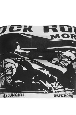 Black and White Abstract Butterfly Print Crop Top - American Style Slim Fit Flattering Outerwear for Trendy Looks