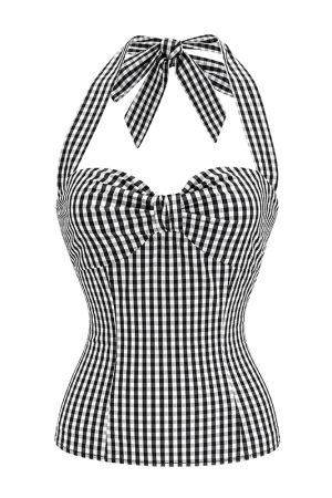 Black and White Checkered Slim Fit Halter Neck Tank Top - Women's Backless Cropped Top in European American Style, Y2K Fashion