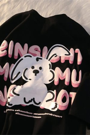 Black and White Color-Blocked Short Sleeve T-Shirt for Men and Women, Plus Size, Loose-Fitting, Pure Cotton, Rabbit Print, Couple Style